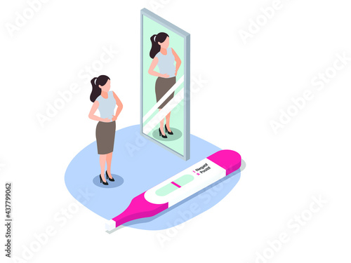 Infertility isometric vector concept. Unhappy woman with a negative pregnancy test having infertility and imagine having pregnant while looking at the mirror