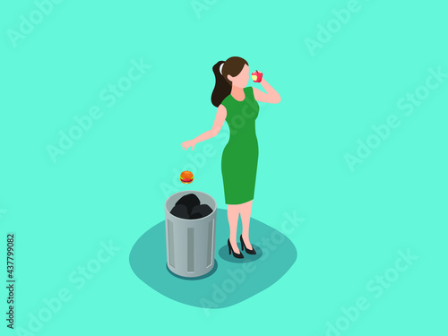 Throwing junk food isometric vector concept. Woman eating apple fruit and throwing junk food into the rubbish bin
