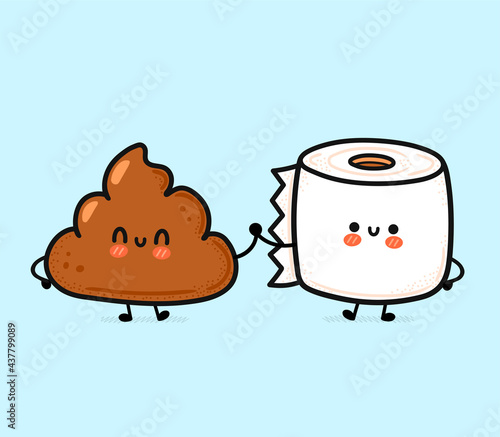 Cute funny happy poop and toilet paper friends. Vector hand drawn cartoon kawaii character illustration icon. Funny cartoon poop and toilet papper mascot character concept