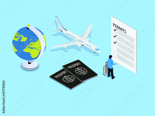 Young man carrying a luggage while filling permits form and standing with airplane, passport and, globe. Isometric vector concept
