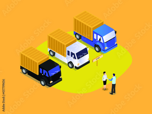 Selling trucks vector concept: Young man shaking hands with saleswoman after buy truck while standing near the trucks