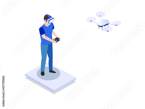 Virtual reality vector concept. Young man wearing vr glasses while controlling a drone. Isolated on white background