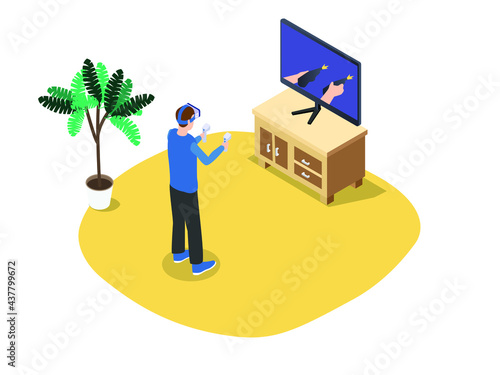 Virtual reality vector concept. Young man wearing vr glasses while playing shoot game in the living room at home