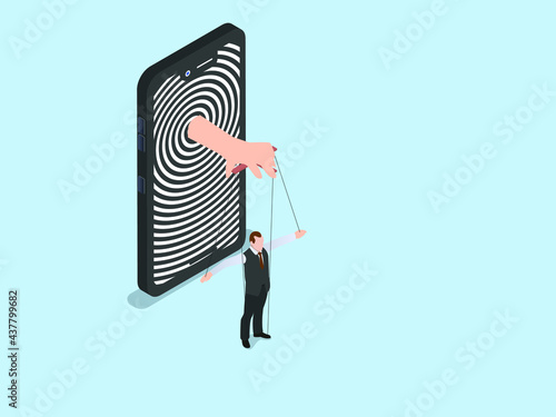 Addiction vector concept. Mobile phone screen showing swirl symbol while controlling businessman like a marionette