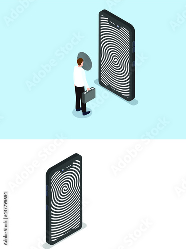 Addiction vector concept. Mobile phone screen showing swirl symbol while hypnotizing businessman