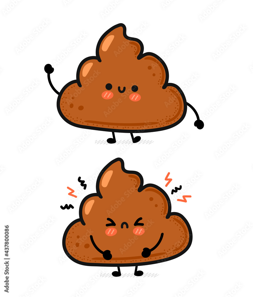 Cute funny happy and sad sick poop. Vector hand drawn cartoon kawaii character illustration icon. Isolated on white background. Funny cartoon poop, shit mascot character concept Cute funny happy and sad sick poop. Vector hand drawn cartoon kawaii character illustration icon. Isolated on white background. Funny cartoon poop, shit mascot character concept