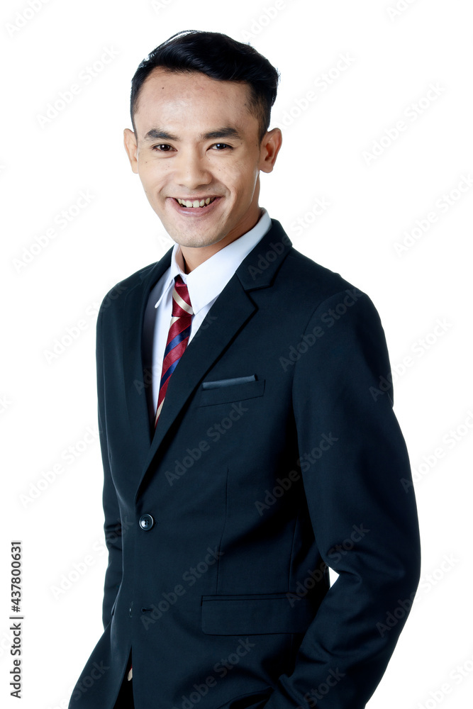 young attractive asian business man wearing black suit with white shirt and necktie turn 45 degree hands in pockets smiling in white background isolated. young attractive asian business man wearing black suit with white shirt and necktie turn 45 degree hands in pockets smiling in white background isolated.