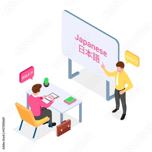Foreign language learning class. Language school concept, tutoring. Vector illustration in isometric style. Isolated on white background.