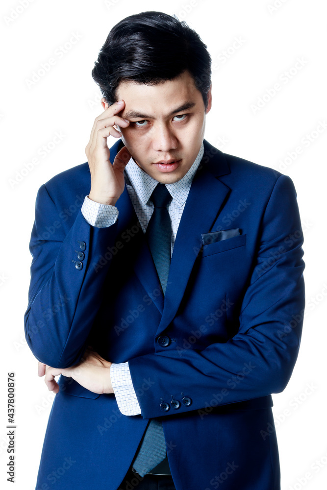 Young attractive asian business man wearing navy blue suit with white shirt and necktie put his hand on his head looking disappointed and stressful. White background isolated Young attractive asian business man wearing navy blue suit with white shirt and necktie put his hand on his head looking disappointed and stressful. White background isolated