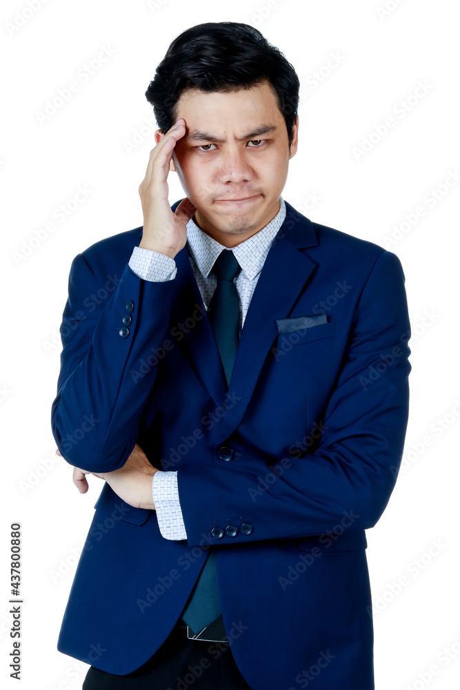 Young attractive asian business man wearing navy blue suit with white shirt and necktie put his hand on his head looking disappointed and stressful. White background isolated Young attractive asian business man wearing navy blue suit with white shirt and necktie put his hand on his head looking disappointed and stressful. White background isolated