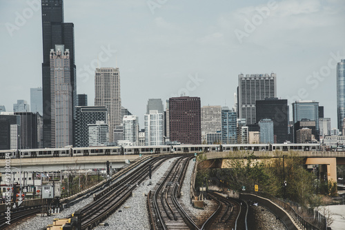 Train subway view at Chicago, Vintage Chicago skyline