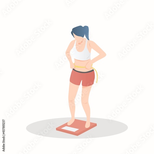Woman standing worry about her body shape and weight,She felt uncomfortable,Tape measure at the waist and plump it up,Old pants can't fit properly,It's time to lose weight for health,illustration.