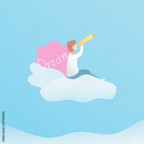 What do your dream look like concept,young woman holding binoculars sit on clouds in the sky,Looking for what I wanted to be and was a childhood dream,Find passion in life,vector illustration.