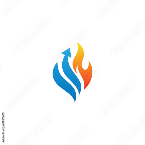 Vector fire and arrow up logo combination. Flame and growth symbol or icon. Unique torch and upload logotype design template.