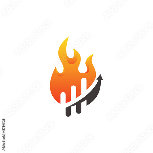 Vector fire and arrow up logo combination. Flame and growth symbol or icon. Unique torch and upload logotype design template.