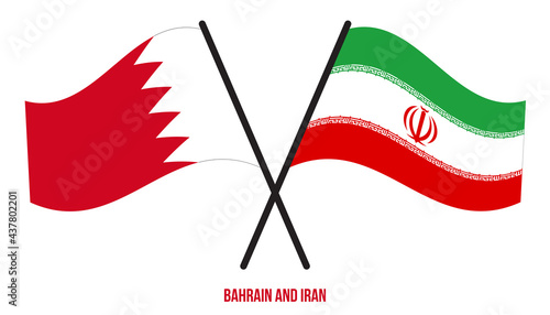 Bahrain and Iran Flags Crossed And Waving Flat Style. Official Proportion. Correct Colors.