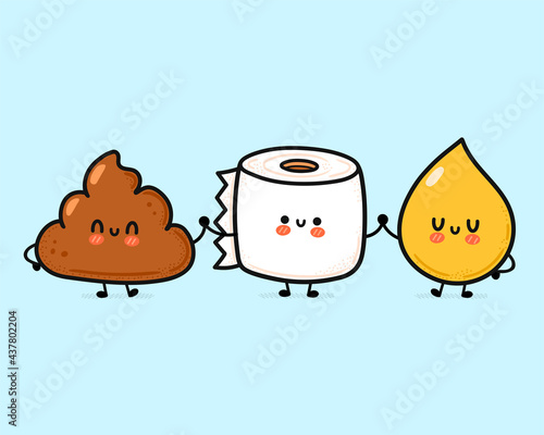 Cute funny happy poop,urine drop and toilet paper. Vector hand drawn cartoon kawaii character illustration icon. Funny cartoon poop, urine and toilet paper mascot character concept