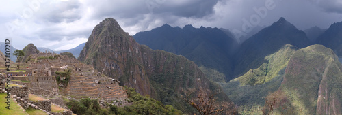 Fototapeta Naklejka Na Ścianę i Meble -  Panorama of the Lost City of the Incas, Machu Picchu, with a Storm Approaching