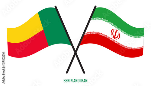 Benin and Iran Flags Crossed And Waving Flat Style. Official Proportion. Correct Colors.