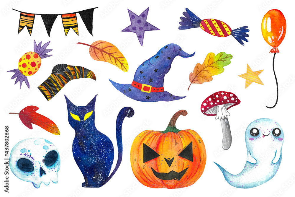 Set of watercolor illustrations for halloween. Decor elements scary pumpkin, witchcraft cat, cute ghost, skull, bat. Isolated prints on a white background. Autumn magic holiday.