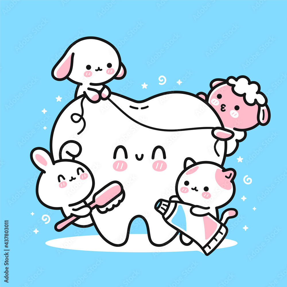 Cute funny animals clean tooth with toothbrush, toothpaste and dental floss. Vector hand drawn cartoon kawaii character illustration icon. Puppy dog, kittie cat,lamb,rabbit clean teeth kids concept Cute funny animals clean tooth with toothbrush, toothpaste and dental floss. Vector hand drawn cartoon kawaii character illustration icon. Puppy dog, kittie cat,lamb,rabbit clean teeth kids concept