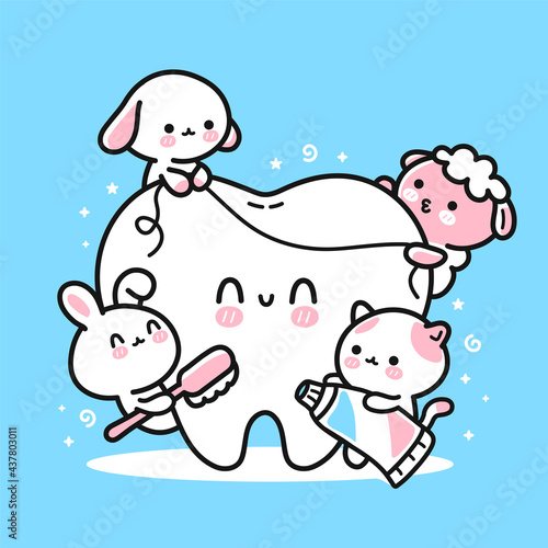 Cute funny animals clean tooth with toothbrush, toothpaste and dental floss. Vector hand drawn cartoon kawaii character illustration icon. Puppy dog, kittie cat,lamb,rabbit clean teeth kids concept