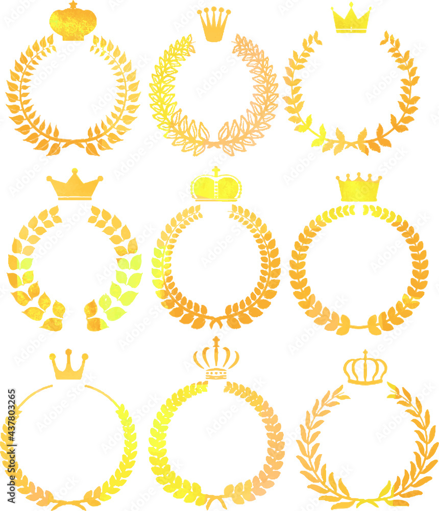 Uneven color Round frame of Gold laurel and crown set Uneven color Round frame of Gold laurel and crown set
