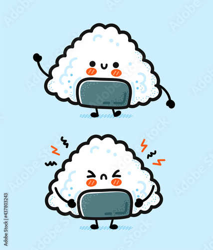 Cute funny happy and sad onigiri. Vector hand drawn cartoon kawaii character illustration icon. Onigiri, asian rice and nori food, sushi mascot cartoon character concept