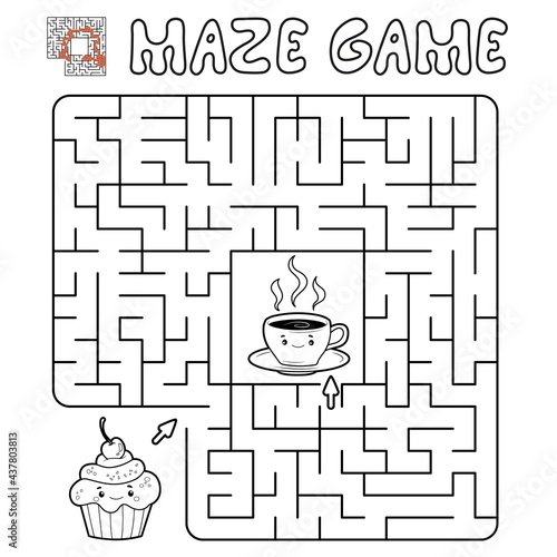 Maze puzzle game for children. Outline maze or labyrinth game with cake and tea.