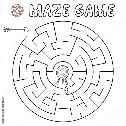 Maze puzzle game for children. Outline maze or labyrinth game with arrow and target.