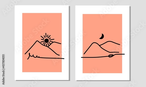 Set two of boho mountain, sun and moon wall art. Bohemian wall decor. Minimalist line art wall Decorations.