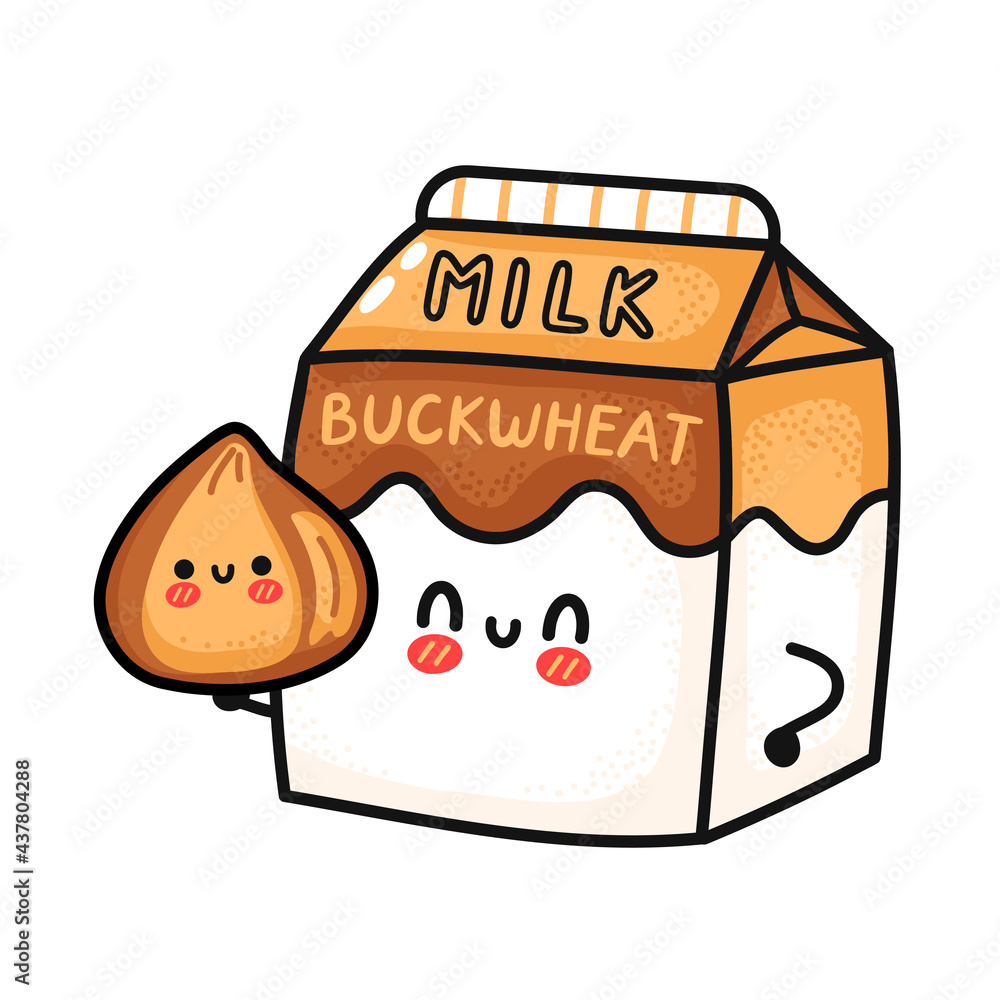 Cute funny buckwheat milk box hold groat. Vector hand drawn cartoon kawaii character illustration icon. Isolated on white background. Buckwheat milk paper box mascot character concept Cute funny buckwheat milk box hold groat. Vector hand drawn cartoon kawaii character illustration icon. Isolated on white background. Buckwheat milk paper box mascot character concept