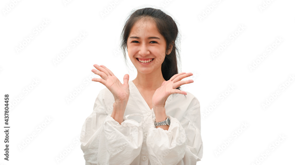 Portrait of a cheerful beautiful female smiling and celebrating in white background Portrait of a cheerful beautiful female smiling and celebrating in white background