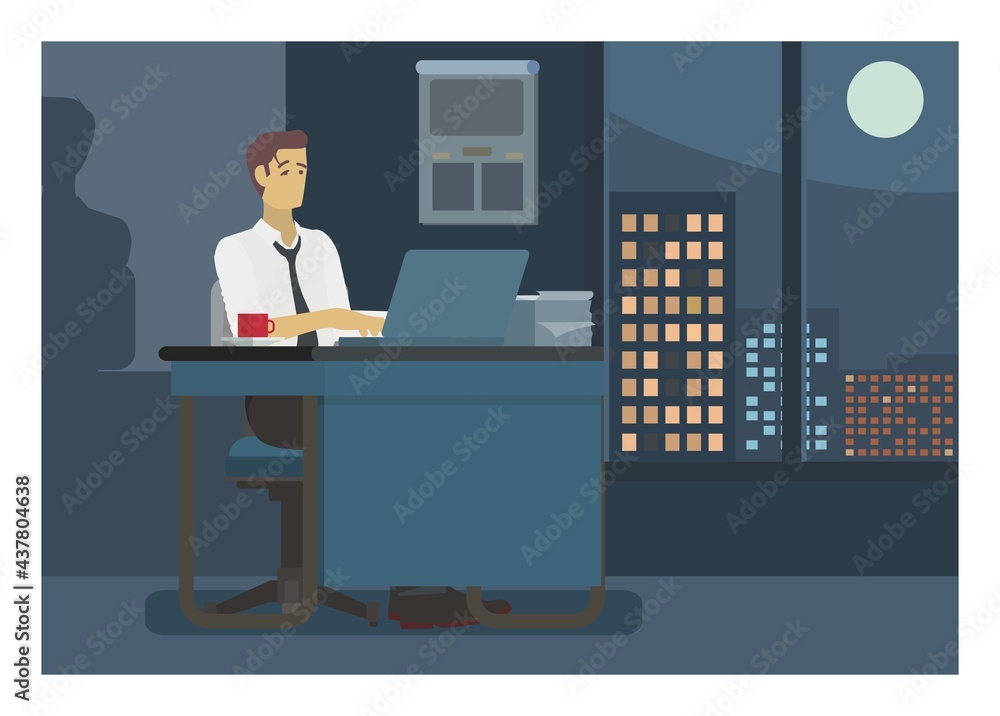Male employee working overnight in the office. Simple Illustration. Male employee working overnight in the office. Simple Illustration.
