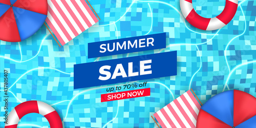 Summer sale offer banner promotion with pool top view illustration flat lay relax