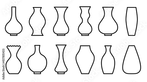 Vases black line outline symmetrical vector flat set. Icons for mobile applications and websites. Design element, decor object. Stickers and labels. For posters, banners, advertisements, logos.
