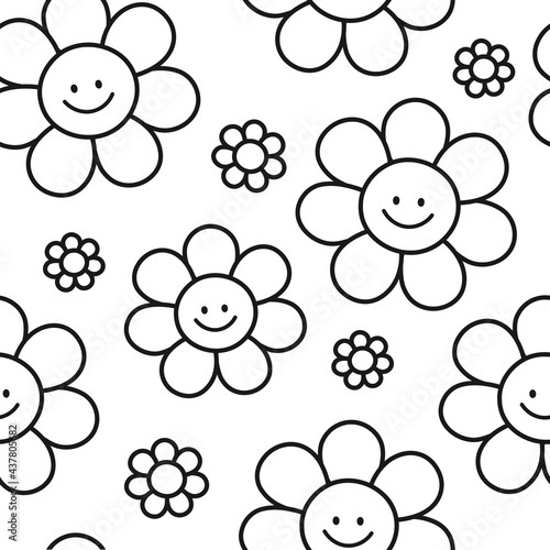 Cute funny smile flowers seamless pattern. Vector flat cartoon kawaii character illustration icon design. Positive smile flowers seamless pattern coloring page concept