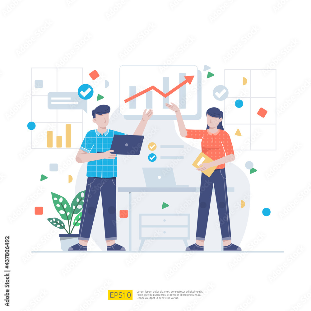 Startup employees teamwork. men and women scenes at office working and make some planning. Business concept illustration of brainstorming, meeting, negotiation, talking to each other