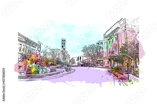 Building view with landmark of Grand Junction is a city in Colorado. Watercolor splash with hand drawn sketch illustration in vector.