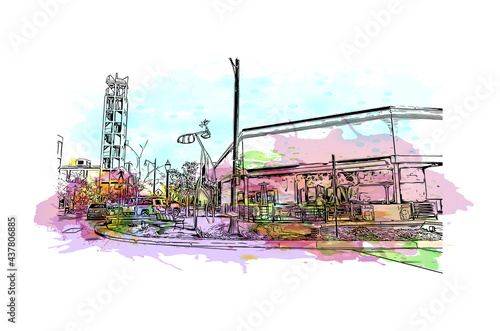 Building view with landmark of Grand Junction is a city in Colorado. Watercolor splash with hand drawn sketch illustration in vector.