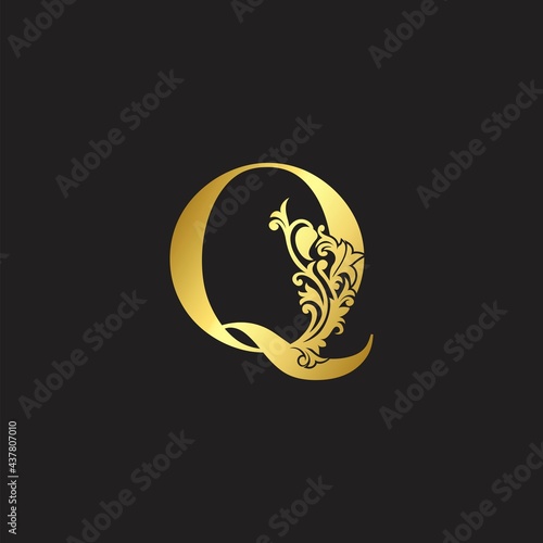Golden Luxury Letter Q Logo Icon. Vector design ornate with elegant decorative style.