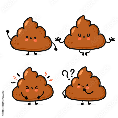Cute funny smile happy and sad poop set collection. Vector hand drawn cartoon kawaii character illustration icon. Isolated on white background. Funny cartoon poop, shit mascot character bundle concept