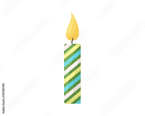 Christmas candle in cartoon style. Striped green candle vector illustration. Isolated on white background
