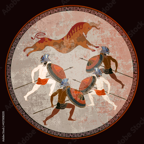 Ancient Greece banner. Classical medieval style. Vector illustration. Hunting for Minotaur. Minoan civilization