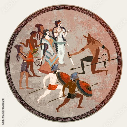 Ancient Greece scene. Knossos murals mythology. Hunting for Minotaur, gods, fighter