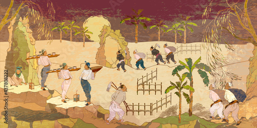 Ancient China. Oriental people.  Tradition and culture of Asia. Classic wall drawing. Murals and watercolor asian style. Tea ceremony. Old village, peasants. Traditional Chinese paintings