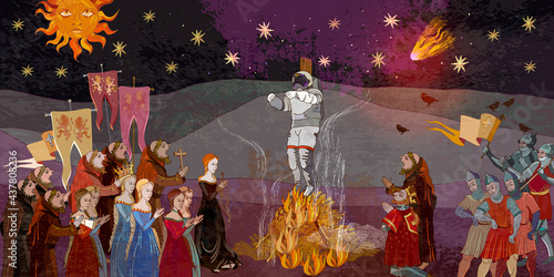 Medieval astronaut. Inquisition. Burning spaceman. Monks at a fire with the cosmonaut. Past and future. Middle Ages parchment style. Palaeocontact symbol, first contact, pseudoscience, atheism