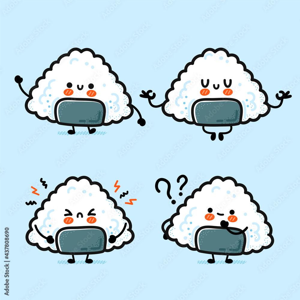 Cute funny onigiri set collection. Vector hand drawn cartoon kawaii ...