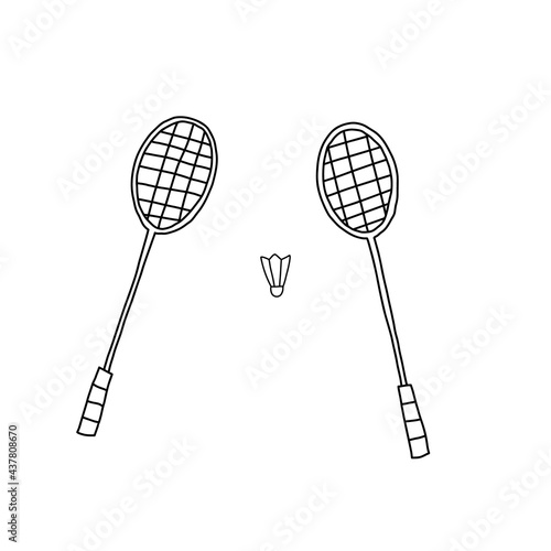 Hand drawn vector illustration of two crossed badminton racquets or rackets with shuttlecock birdie. Cartoon doodle style isolated on white background.