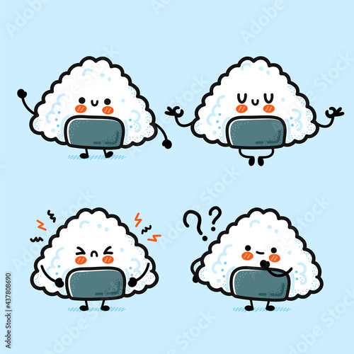 Cute funny onigiri set collection. Vector hand drawn cartoon kawaii character illustration icon. Onigiri, asian rice and nori food, sushi mascot cartoon character bundle concept